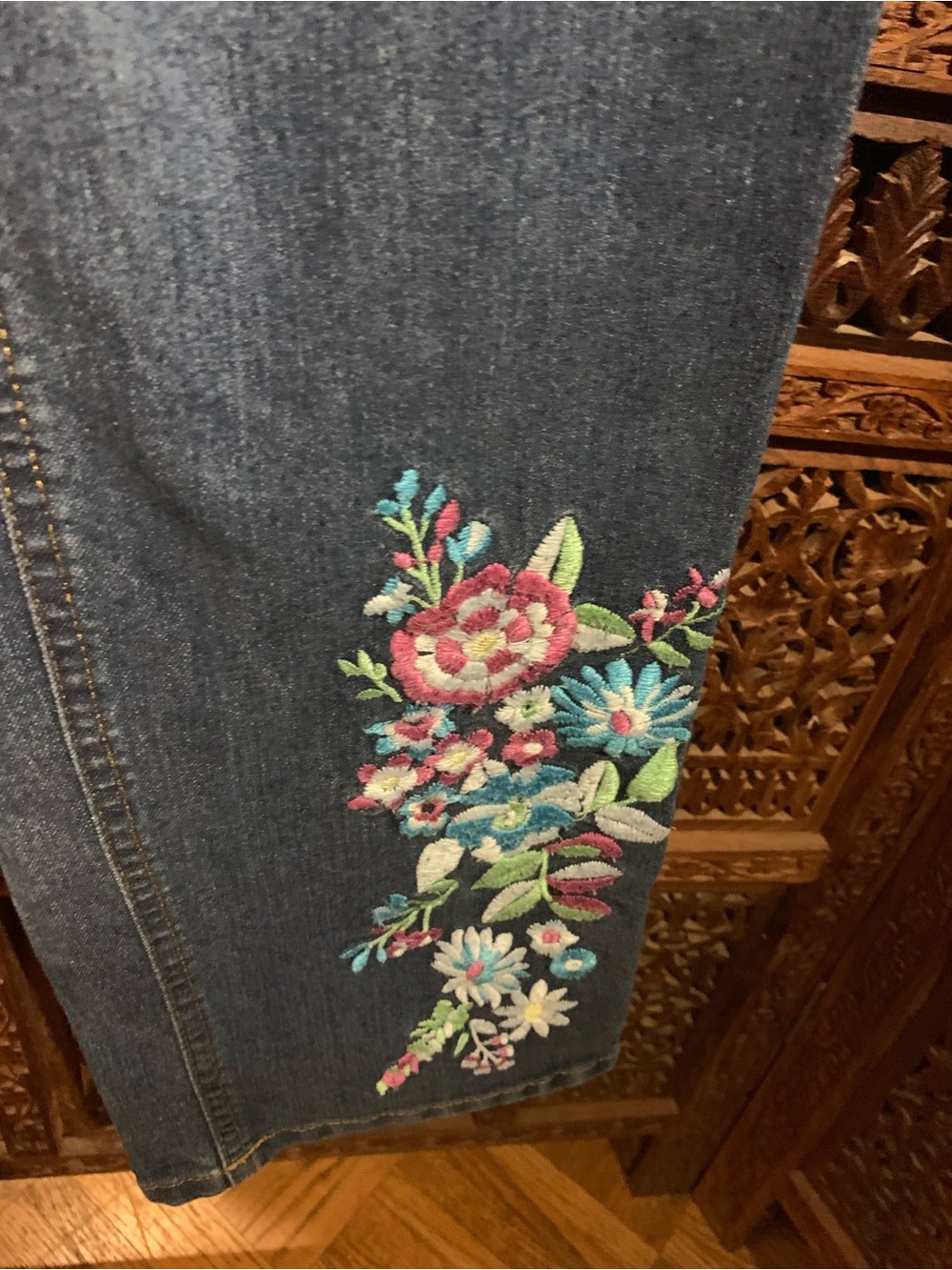 Woman Within Blue Skinny Jeans with Hem Embroidery